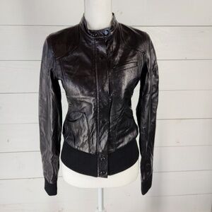 Paige Black Label Women's Black Leather Bomber Jacket Size SMALL Pre Owned